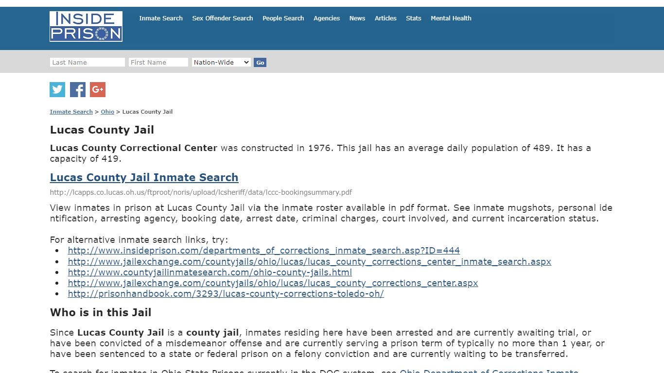 Lucas County Jail - Ohio - Inmate Search